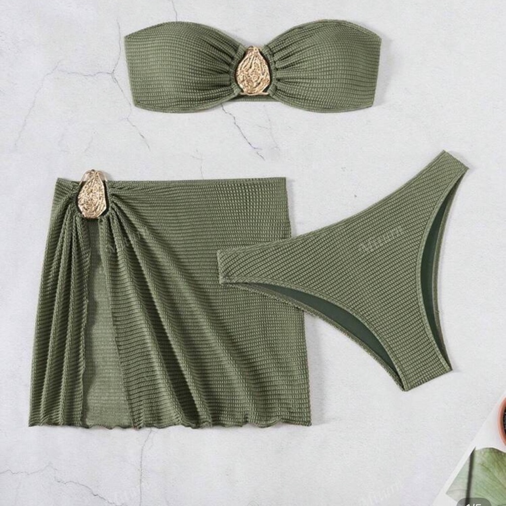 Green Textured Bikini Set with Gold Accents